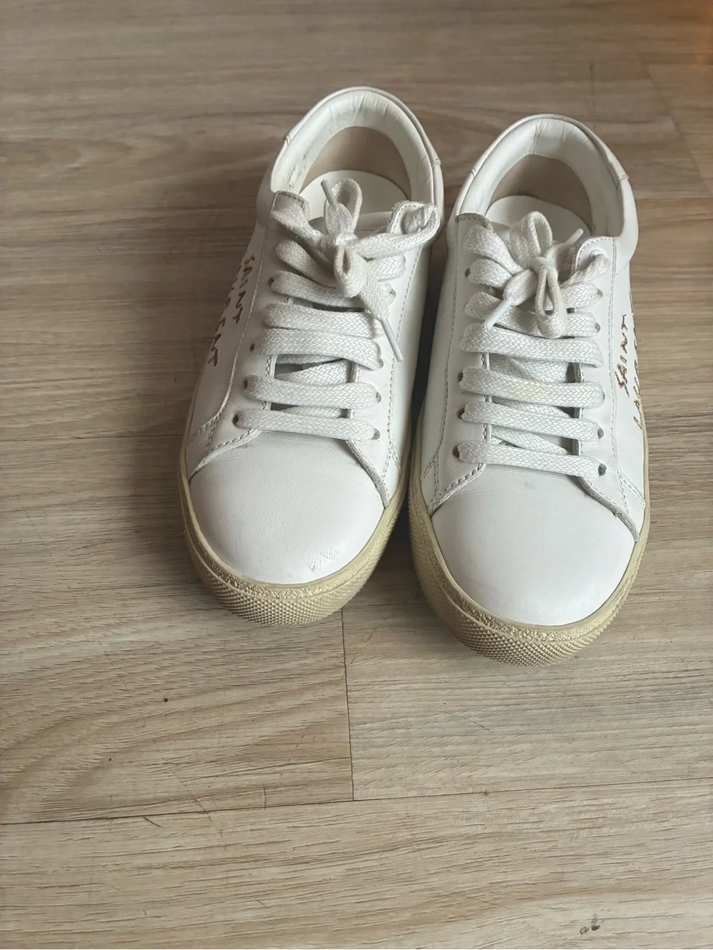 Saint Laurent Off-White Leather Low-Top Sneakers with Gold Insole Logo
